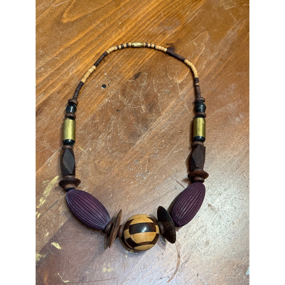 Vintage Chunky Wood Bead Statement Necklace Brass Accents Purple Brown Boho 19"